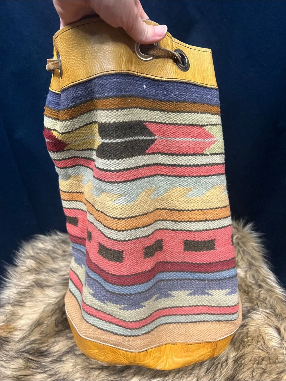 Native American Handwoven Multicolor Bucket Bag with Leather Trim